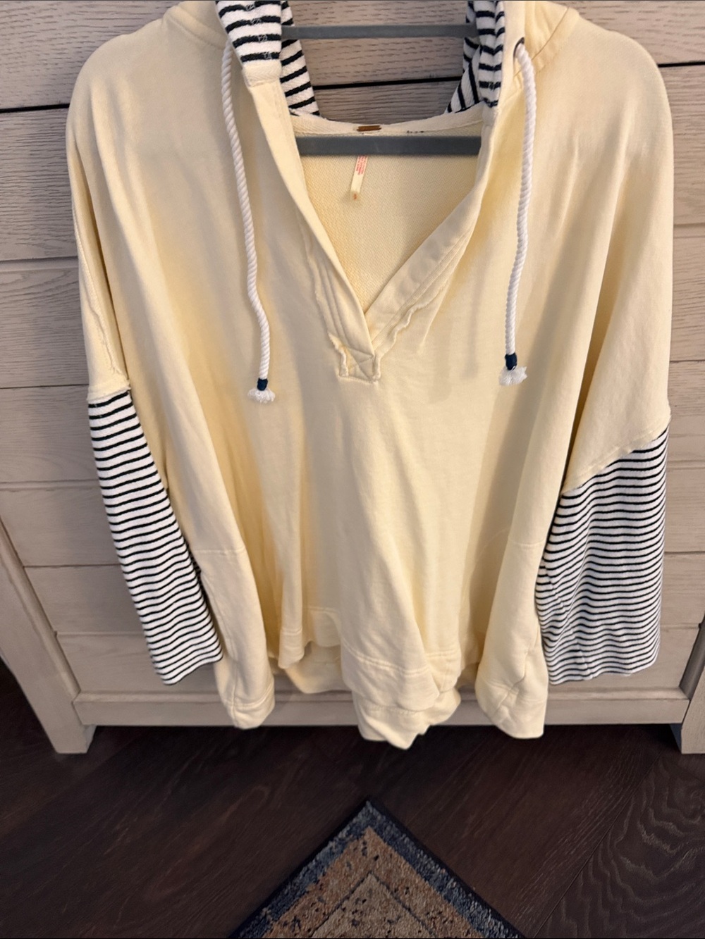 Free People Pale Yellow Hooded Pullover with Navy Striped Sleeves